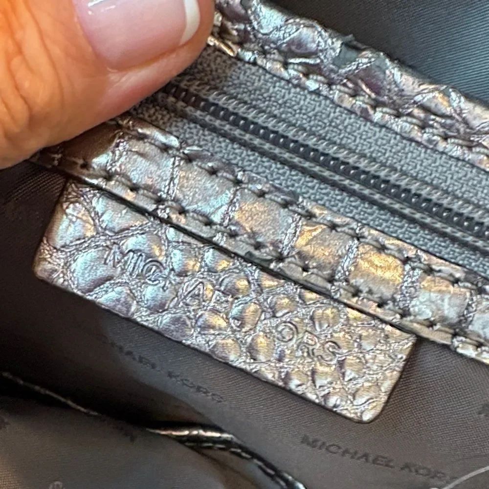 Michael Kors Backpack Bag Leather Purse Handbag Rhea Metallic Silver Snake Print